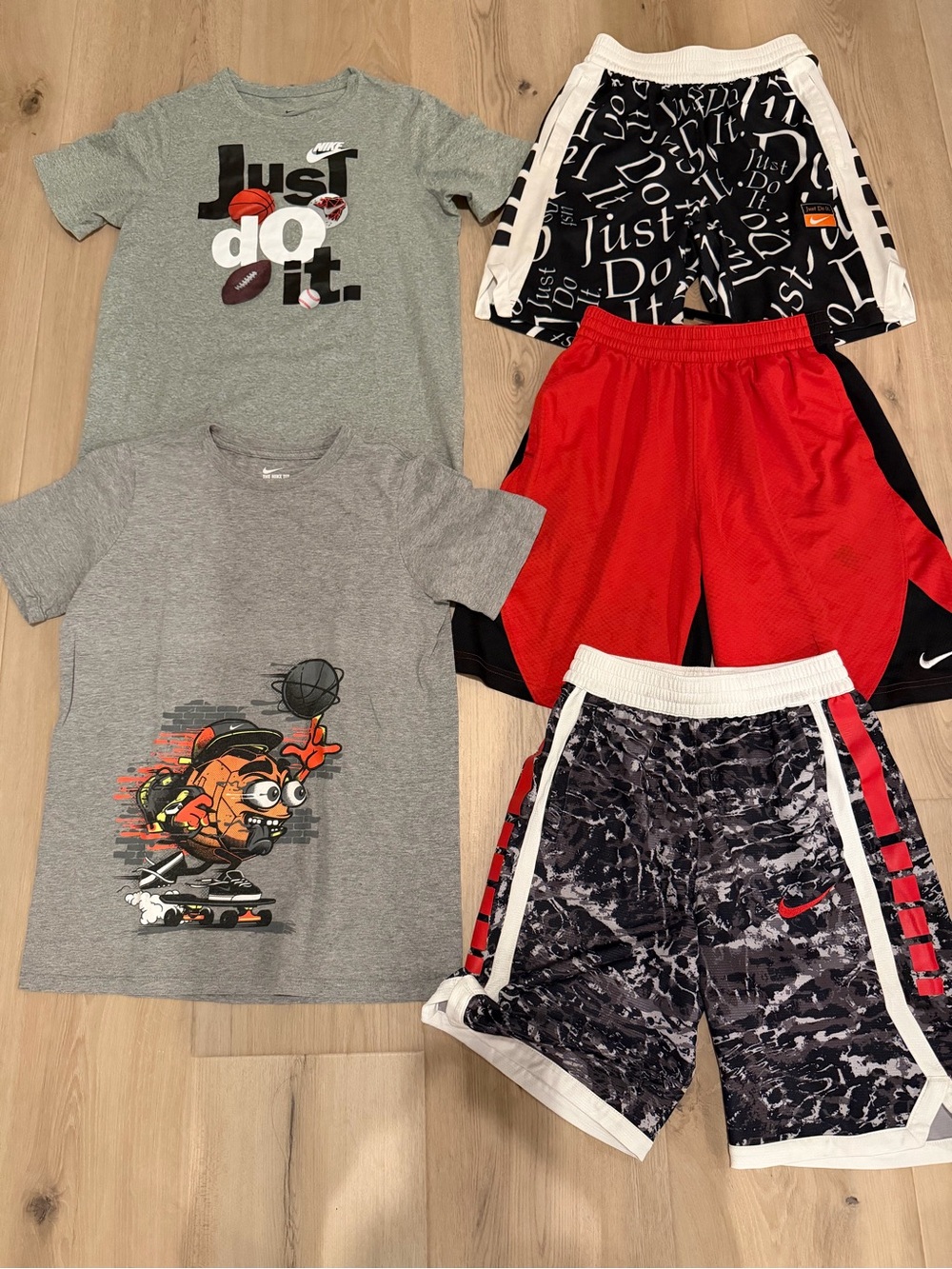 Nike Youth L 5-Piece bundle Active Elite Shorts and T shirts- Gray, Red, Black